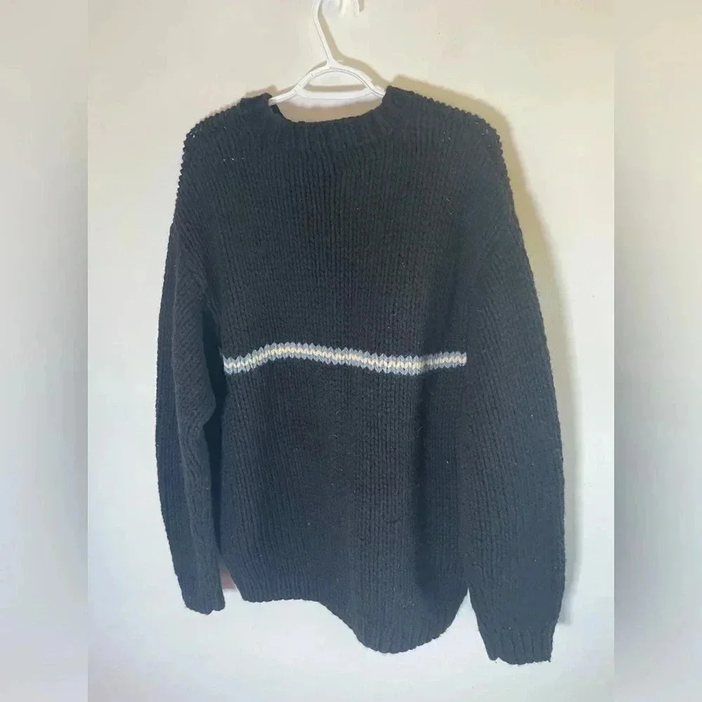Vintage 90s Mens J Crew Hand Knit Black Wool Chunky‎ Striped Crew Sweater Sz L